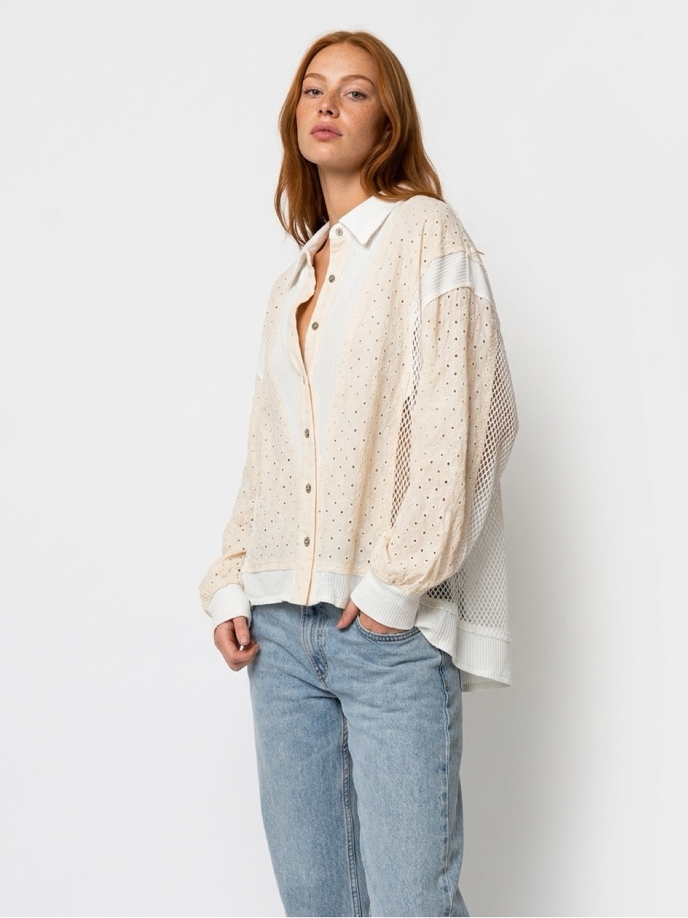 POL Clothing Mixed Eyelet Patched Button-Front Wire Collar Top Small